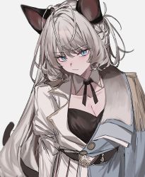 Rule 34 | 1girl, animal ear fluff, animal ears, aogisa, black shirt, blue eyes, blue jacket, breasts, cleavage, closed mouth, collar, collarbone, copyright request, detached collar, epaulettes, grey background, grey hair, hair between eyes, highres, jacket, long hair, looking at viewer, medium breasts, shirt, simple background, single epaulette, skirt, solo, tail, very long hair, white collar, white jacket, white skirt, wing collar