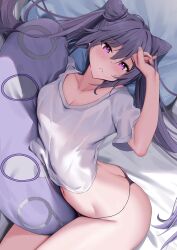 1girl absurdres bed_sheet blush breasts butt_crack cleavage collarbone commentary cone_hair_bun double_bun duplicate genshin_impact hair_bun hand_up highres keqing_(genshin_impact) long_hair looking_at_viewer lying medium_breasts navel no_pants on_side paid_reward_available panties parted_lips pillow purple_eyes purple_hair shirt skai_kun solo stomach twintails underwear waking_up white_shirt