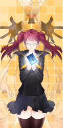 Rule 34 | 1girl, aile (crossroads), atlus, black thighhighs, card, earrings, female focus, floating card, glasses, himiko (persona 4), jewelry, kujikawa rise, long hair, own hands clasped, own hands together, persona, persona 4, pink-framed eyewear, red-framed eyewear, red hair, school uniform, skirt, solo, thighhighs, twintails, uniform