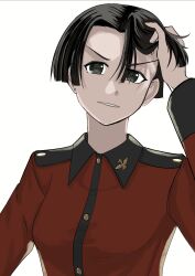 Rule 34 | black eyes, black hair, blunt bangs, breasts, character request, earrings, girls und panzer, highres, jewelry, looking at viewer, medium breasts, nmz zmn, short hair, st. gloriana&#039;s military uniform, white background