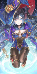 Rule 34 | 1girl, alternate eye color, black choker, black hair, blue eyes, breasts, brooch, choker, covered navel, genshin impact, gloves, gold, gold trim, hand on headwear, haruri, hat, highres, jewelry, kneeling, long hair, medium breasts, mona (genshin impact), pantyhose, parted lips, solo, thighlet, twintails, very long hair, witch hat