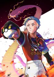 Rule 34 | 1boy, black eyes, black undershirt, bright pupils, centiskorch, closed mouth, collared shirt, commentary request, creatures (company), fire, frown, game freak, gen 8 pokemon, gigantamax, gigantamax centiskorch, gloves, grey hair, highres, holding, holding poke ball, kabu (pokemon), male focus, multicolored hair, nintendo, outstretched arm, partially fingerless gloves, poke ball, pokemon, pokemon (creature), pokemon swsh, punico (punico poke), red shirt, shirt, short hair, short sleeves, shorts, split mouth, towel, towel around neck, twitter username, two-tone hair, ultra ball, undershirt, white pupils, white shorts