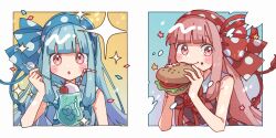 Rule 34 | 2girls, :o, absurdres, bare shoulders, black shirt, blue background, blue bow, blue hair, blue hairband, blunt bangs, blush stickers, border, bow, bubble, burger, collared shirt, commentary request, confetti, flower knot, food, gradient background, hair bow, hairband, halftone, hand up, hands up, highres, holding, holding food, holding spoon, ice cream, ice cream float, kotonoha akane, kotonoha aoi, long hair, looking at viewer, multiple girls, outside border, pink eyes, pink hair, polka dot, polka dot bow, polka dot hairband, polka dot skirt, red bow, red hairband, red skirt, sayonaka megumo, shirt, siblings, sidelocks, sisters, skirt, sleeveless, sleeveless shirt, sparkle, spoon, star (symbol), star in eye, symbol in eye, upper body, voiceroid, white border, white shirt, yellow background