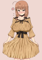 Rule 34 | 1girl, ahoge, bare shoulders, black bow, blush, bow, breasts, brown eyes, brown hair, dress, flying sweatdrops, hair bow, highres, huge breasts, komusou (jinrikisha), long hair, looking at viewer, low twintails, matching hair/eyes, ooba minori, original, pink background, simple background, skirt hold, solo, spoken blush, standing, twintails