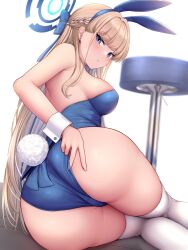 Rule 34 | 1girl, animal ears, ass, bare arms, bare shoulders, blonde hair, blue archive, blue eyes, blue hairband, blue leotard, blush, breasts, closed mouth, ear piercing, fake animal ears, fake tail, from behind, hair ornament, hairband, halo, highres, large breasts, leotard, long hair, looking at viewer, looking back, melopun, piercing, playboy bunny, rabbit ears, rabbit tail, solo, tail, thighhighs, thighs, toki (blue archive), toki (bunny) (blue archive), white background, white thighhighs, wrist cuffs
