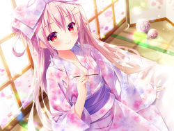 Rule 34 | 1girl, blurry, blurry background, blush, bow, breasts, cleavage, closed mouth, collarbone, floating hair, floral print, hair between eyes, hair bow, hair ornament, hairclip, holding, inagaki miiko, japanese clothes, kimono, lens flare, long hair, original, pink hair, pink kimono, print bow, print kimono, red eyes, small breasts, smile, solo, very long hair, white bow, yukata