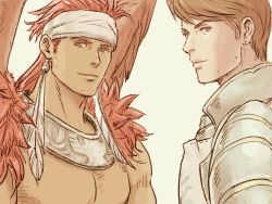 Rule 34 | 2boys, armor, brown eyes, brown wings, canopus wolph, facial hair, feathered wings, headband, male focus, mildain walhorn, multiple boys, red hair, topless male, standing, stubble, tactics ogre, upper body, white headband, windcaller, wings