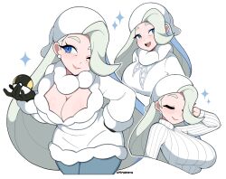 Rule 34 | 1girl, artist name, black gloves, blue eyes, breasts, cleavage, closed eyes, creatures (company), cremanata, earrings, game freak, gloves, hair over one eye, hand on own hip, hat, highres, holding, holding poke ball, jewelry, large breasts, melony (pokemon), multiple views, nintendo, one eye closed, open mouth, poke ball, pokemon, pokemon swsh, ribbed sweater, shirt, simple background, sweater, ultra ball, watermark, white background, white headwear, white shirt, white sweater