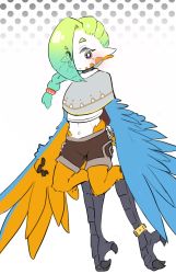Rule 34 | 1girl, absurdres, anklet, bird legs, blue feathers, blush, braid, feathers, gradient hair, green hair, harpy, highres, jewelry, long hair, mako (eogks), midriff, monster girl, multicolored hair, multiple girls, navel, nn (eogks), orange feathers, original, poncho, solo, two-tone wings, winged arms, wings