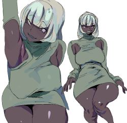 Rule 34 | 1girl, absurdres, arm up, armpit cutout, armpits, breasts, clothing cutout, dark-skinned female, dark skin, dress, grey dress, highres, large breasts, multiple views, original, simple background, thick thighs, thighs, white background, white eyes, white hair, whoopsatro