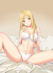 Rule 34 | 1girl, arm behind back, banned artist, blonde hair, blue bow, bow, bow bra, bow panties, bra, breasts, cleavage, collarbone, commentary, fingernails, green eyes, hand up, knee up, large breasts, long hair, looking at viewer, n.g., navel, on bed, original, paid reward available, panties, parted lips, pillow, paid reward available, solo, spread legs, stomach, straight hair, underwear, underwear only, white bra, white panties