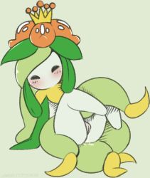 Rule 34 | 1girl, arm support, blush, closed eyes, creatures (company), crown, female focus, flower, full body, game freak, gen 5 pokemon, green background, green hair, highres, leaning back, legs up, lilligant, long hair, mini crown, monster girl, nintendo, no humans, no mouth, plant girl, pokemon, pokemon (creature), pokemon bw, presenting, pussy, pussy juice, red flower, simple background, sitting, solo, uncensored, vandalistpikachu