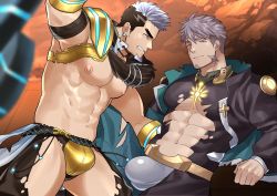 Rule 34 | 2boys, abs, abs cutout, bara, bare pectorals, black hair, black shirt, bulge, cleavage cutout, clothing cutout, commission, couple, crotchless, crotchless pants, earrings, facial hair, goatee, green eyes, gyee, highres, jewelry, kienbiu, large pectorals, long sideburns, male focus, multicolored hair, multiple boys, muscular, navel, nipples, one eye closed, pants, pectorals, purple hair, revealing clothes, second-party source, shirt, short hair, shrug (clothing), sideburns, skin tight, spread legs, su (gyee), thick thighs, thigh cutout, thighs, torn clothes, torn pants, torn shirt, two-tone hair, yan (gyee), yaoi