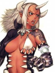 Rule 34 | 1girl, angry, breasts, covered erect nipples, dark-skinned female, dark skin, demon girl, fangs, fumio (rsqkr), gauntlets, green eyes, horns, jewelry, lipstick, makeup, midriff, necklace, original, pointy ears, short hair, solo, tattoo, underboob, white hair