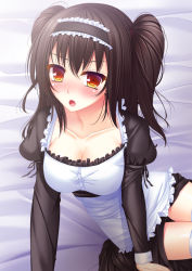 Rule 34 | 10s, 1girl, bad id, bad pixiv id, bed, black hair, blush, breasts, cleavage, collarbone, cowboy shot, hairband, himeragi yukina, large breasts, lolita hairband, long sleeves, maid, maid headdress, sitting, solo, strike the blood, thighhighs, toshi (1-147), twintails, white thighhighs, yellow eyes