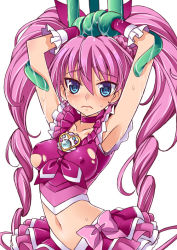Rule 34 | 10s, 1girl, 3:, armpits, arms up, bad id, bad pixiv id, blue eyes, bow, breasts, choker, covered erect nipples, cure melody, heart, houjou hibiki, katsuma rei, magical girl, medium breasts, midriff, navel, pink bow, pink hair, precure, simple background, solo, suite precure, tentacles, torn clothes, twintails, white background