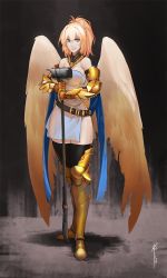Rule 34 | 1girl, angel, angel wings, arm armor, armor, belt, black background, blue eyes, bright pupils, gold armor, gold necklace, hammer, highres, holding, holding weapon, jewelry, leg armor, less, looking at viewer, armored boots, metal gloves, necklace, no bra, no panties, orange hair, ponytail, scarf, signature, simple background, smile, solo, thighhighs, war hammer, warhammer, weapon, white pupils, wings