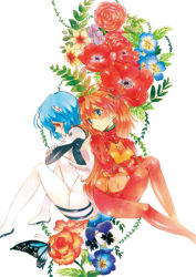 Rule 34 | 2girls, ayanami rei, back-to-back, bad id, bad pixiv id, blue eyes, blue hair, bodysuit, bug, butterfly, crossed arms, floral background, flower, hair ornament, insect, kanna irori, multicolored clothes, multiple girls, neon genesis evangelion, orange hair, plugsuit, rebuild of evangelion, red eyes, red flower, red rose, rose, souryuu asuka langley, test plugsuit