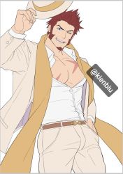 Rule 34 | 1boy, bara, beard, belt, blue eyes, brown hair, facial hair, fate/grand order, fate (series), hand in pocket, hat, kienbiu, large pectorals, long sideburns, long sleeves, looking at viewer, male focus, muscular, napoleon bonaparte (fate), official alternate costume, one eye closed, open clothes, open mouth, open shirt, pants, pectoral cleavage, pectorals, scar, scarf, shirt, sideburns, smile, solo, uniform