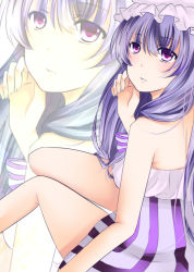 Rule 34 | 1girl, alternate costume, bare arms, bare shoulders, dress, hand on own face, hat, knees together feet apart, legs together, long hair, looking at viewer, looking back, mob cap, parted lips, patchouli knowledge, purple eyes, purple hair, sayukamado, sitting, solo, strapless, strapless dress, touhou, very long hair, zoom layer