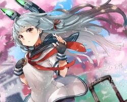 Rule 34 | 1girl, black gloves, black pantyhose, blue sailor collar, blunt bangs, cherry blossoms, commentary request, commission, covered navel, cowboy shot, dress, dutch angle, floating headgear, gloves, grey hair, hair ribbon, headgear, kantai collection, long hair, murakumo (kancolle), necktie, orange eyes, pantyhose, red necktie, ribbon, rolling suitcase, sailor collar, sailor dress, second-party source, sidelocks, skeb commission, solo, suitcase, sunday aki, tress ribbon