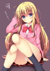 Rule 34 | 10s, 1girl, black socks, blonde hair, blue eyes, blush, bow, bowtie, checkered clothes, checkered skirt, closed mouth, collared shirt, frown, gabriel dropout, gabriel tenma white, hair between eyes, hood, hoodie, knees, long hair, looking at viewer, panties, pantyshot, plaid, plaid skirt, pleated skirt, purple background, red bow, red bowtie, red skirt, school uniform, shirt, sidelocks, simple background, sitting, skirt, socks, solo, squiggle, suzukawa yui, thighs, underwear, white panties, white shirt, wing collar