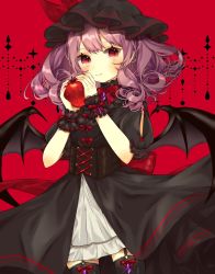 Rule 34 | 1girl, alternate color, alternate costume, apple, bat wings, black dress, black hat, black thighhighs, blush, bow, bow legwear, bowtie, closed mouth, commentary, corset, cowboy shot, cross-laced clothes, crystal, curly hair, dress, food, frilled sleeves, frills, fruit, garter straps, glint, hat, hat ribbon, highres, holding, holding food, holding fruit, looking at viewer, medium hair, mob cap, nail polish, puffy short sleeves, puffy sleeves, purple hair, red background, red bow, red eyes, red nails, red ribbon, remilia scarlet, ribbon, short sleeves, simple background, slit pupils, smile, solo, symbol-only commentary, thighhighs, touhou, wings, wrist cuffs, yedan999