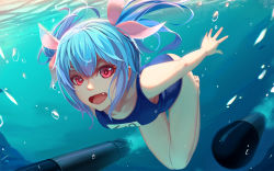 Rule 34 | 10s, 1girl, blue hair, bubble, fang, i-19 (kancolle), kantai collection, looking at viewer, nian (zhanian), one-piece swimsuit, open mouth, pink eyes, school swimsuit, smile, solo, swimsuit, torpedo, twintails, underwater