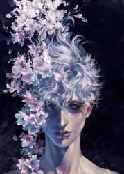 Rule 34 | 1boy, androgynous, artist name, as (ashes), blue eyes, cherry blossoms, eyelashes, flower, male focus, original, solo, tareme, wavy hair, white hair, wind