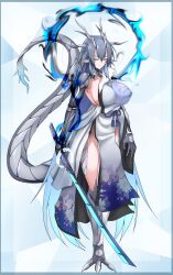 Rule 34 | 1girl, absurdres, blue hair, breasts, chinese zodiac, claws, closed eyes, dragon, dragon claw, dragon girl, dragon horns, dragon tail, g (genesis1556), grey hair, highres, holding, holding sword, holding weapon, horns, japanese clothes, kimono, large breasts, mechanical arms, monster girl, multicolored hair, multiple scars, no panties, original, pointy ears, prosthesis, prosthetic arm, scales, scar, scar across eye, shark, sideboob, single mechanical arm, solo, sword, tail, two-tone hair, weapon, year of the dragon