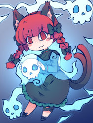 Rule 34 | :3, animal ear fluff, animal ears, black bow, blue background, blue fire, blush, bow, braid, cat ears, cat tail, chahan (fried rice0614), dress, facial mark, fire, flaming skull, floating skull, footwear bow, ghost, green dress, highres, hitodama, holding, holding skull, juliet sleeves, kaenbyou rin, leg ribbon, long sleeves, multiple tails, one-hour drawing challenge, puffy sleeves, red eyes, red hair, ribbon, skull, slit pupils, tail, touhou, twin braids, two tails, whisker markings, whiskers