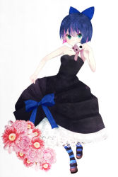 Rule 34 | 10s, 1girl, alternate hair length, alternate hairstyle, aqua eyes, black dress, bow, colored inner hair, dress, flower, hair bow, honekoneko, honekoneko (psg), multicolored hair, panty &amp; stocking with garterbelt, short hair, smile, solo, stocking (psg), striped clothes, striped thighhighs, thighhighs