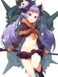 Rule 34 | 1girl, bad id, bad pixiv id, boots, bow, brooch, brown gloves, capelet, commentary request, crop top, disgaea, feet out of frame, frilled skirt, frills, fur trim, gloves, groin, hair bow, hair ornament, holding, jewelry, light purple hair, long hair, long sleeves, looking at viewer, majorita (disgaea), makai senki disgaea, makai wars, microskirt, midriff, navel, open mouth, pointy ears, purple bow, purple skirt, red eyes, simple background, skirt, skull hair ornament, smile, solo, standing, standing on one leg, stomach, suminagashi, thighs, twintails, white background