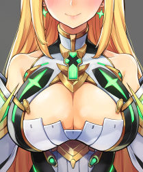 Rule 34 | 1girl, bare shoulders, blonde hair, blush, breast focus, breasts, cleavage, cleavage cutout, clothing cutout, collarbone, detached sleeves, ereraero, facing viewer, grey background, grin, head out of frame, highres, large breasts, lips, long hair, mythra (xenoblade), nintendo, sidelocks, simple background, smile, solo, straight hair, upper body, view between breasts, xenoblade chronicles (series), xenoblade chronicles 2