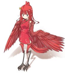 Rule 34 | 1girl, china dress, chinese clothes, dress, feathered wings, feathers, female focus, full body, harpy, highres, monster girl, original, pippi (artist), simple background, solo, white background, wings