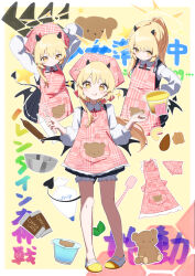 Rule 34 | 1girl, alternate hairstyle, apron, black dress, black horns, black tail, black wings, blonde hair, bloomers, blue archive, blush, child, chocolate, closed mouth, collared shirt, demon girl, demon horns, demon tail, demon wings, dress, food, full body, halo, head scarf, highres, horns, ibuki (blue archive), long hair, long sleeves, mixing bowl, multiple views, namaonpa, pink apron, pointy ears, pudding, puffy long sleeves, puffy sleeves, shirt, shoes, smile, star (symbol), stuffed animal, stuffed toy, tail, teddy bear, tongue, tongue out, underwear, white bloomers, white footwear, white shirt, wings, yellow eyes