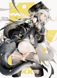 Rule 34 | 1girl, absurdres, arknights, ass, backpack, bag, bare shoulders, black panties, black shirt, black thighhighs, crocodilian tail, cropped legs, detached sleeves, gloves, gradient hair, grey gloves, grey hair, highres, hood, hood up, long hair, looking at viewer, multicolored hair, panties, partially fingerless gloves, pointy ears, ruoganzhao, shirt, solo, tail, thighhighs, tomimi (arknights), torn clothes, torn shirt, torn thighhighs, underwear, very long hair, white hair, yellow eyes
