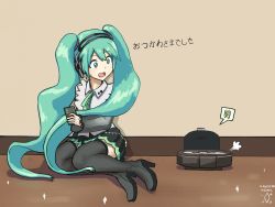 Rule 34 | 1girl, 1other, puff of air, aqua eyes, aqua hair, aqua ribbon, battery indicator, black footwear, black skirt, black sleeves, black thighhighs, cellphone, commentary, dated, digiral, english commentary, hair ornament, hatsune miku, hatsune miku (nt), headphones, high heels, highres, holding, holding phone, indoors, layered sleeves, long hair, looking at another, miniskirt, neck ribbon, open mouth, phone, piapro, pleated skirt, ribbon, robotic vacuum cleaner, shirt, signature, sitting, skirt, sleeveless, sleeveless shirt, smartphone, smile, solo, spoken battery, thighhighs, translated, twintails, very long hair, vocaloid, white shirt, white sleeves, wooden floor, yokozuwari