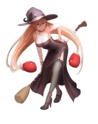 Rule 34 | 1girl, anklet, bad id, bad twitter id, banajune, black dress, blue eyes, boxing gloves, bracelet, breasts, broom, choker, cleavage, dress, full body, garter straps, hair between eyes, hand on own hip, hat, high heels, horns, jewelry, large breasts, leaning forward, long hair, looking at viewer, orange hair, side slit, sleeveless, sleeveless dress, solo, thighhighs, very long hair, white background, witch, witch hat