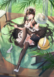 Rule 34 | 1girl, apron, artist name, atdan, azur lane, black dress, black hair, black panties, black thighhighs, blunt bangs, blush, breasts, closed mouth, commentary request, detached collar, detached sleeves, dress, feet, food, full body, garter straps, high heels, highres, holding, holding tray, horns, indoors, leg up, long hair, looking at viewer, maid, maid headdress, manjuu (azur lane), medium breasts, menu, noshiro (azur lane), noshiro (hold the ice) (azur lane), official alternate costume, one eye closed, oni horns, panties, plant, purple eyes, shoes, short sleeves, single shoe, sitting, solo, strapless, strapless dress, strappy heels, thighhighs, toes, tray, twintails, underwear, unworn shoes, very long hair, white apron, white footwear, wooden floor