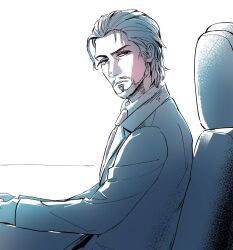 Rule 34 | 1boy, chair, dirge of cerberus final fantasy vii, dress shirt, facial hair, facing to the side, final fantasy, final fantasy vii, formal, from side, hair slicked back, hands on table, highres, jacket, limited palette, male focus, necktie, niwawaka, reeve tuesti, shirt, short hair, simple background, sitting, solo, suit, suit jacket, table, upper body, white background