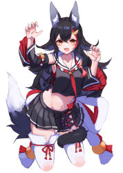 Rule 34 | 1girl, absurdres, animal ear fluff, animal ears, bell, black hair, black skirt, brown eyes, claw pose, detached sleeves, eyeshadow, fang, highres, hololive, inre kemomimi, jumping, long hair, looking up, makeup, midriff, multicolored hair, navel, ookami mio, ookami mio (1st costume), open mouth, red eyeshadow, red hair, sailor collar, skirt, streaked hair, tail, thighhighs, virtual youtuber, white background, wolf ears, wolf tail