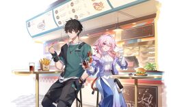 Rule 34 | 1boy, 1girl, :q, belt, black hair, blue eyes, blue jacket, blue skirt, breast pocket, breasts, burger, cloud print, cowboy shot, cup, dan heng (feast) (honkai: star rail), dan heng (honkai: star rail), drinking glass, drinking straw, earrings, flower ornament, food, french fries, gradient jacket, gradient skirt, hair between eyes, high belt, highres, holding, holding cup, holding drinking straw, holding food, honkai: star rail, honkai (series), jacket, jewelry, ketchup, layered skirt, leaf print, long skirt, march 7th (feast) (honkai: star rail), march 7th (honkai: star rail), medium breasts, medium hair, menu board, official alternate costume, official art, one eye closed, pink hair, pocket, print shirt, purple belt, purple jacket, purple skirt, shirt, single earring, sitting, skirt, sleeveless, sleeveless sweater, smile, sweater, table, thigh strap, tongue, tongue out, torn clothes, torn shirt, turtleneck, variant set, white skirt, white sleeves, white sweater