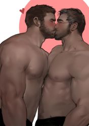 Rule 34 | 2boys, abs, bara, beard, blush, body hair, couple, dopey (dopq), facial hair, glasses, highres, kiss, large pectorals, male focus, manly, multiple boys, muscular, nipples, original, pectoral docking, pectoral press, pectorals, simple background, topless male, yaoi