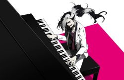 Rule 34 | 1boy, black hair, creatures (company), game freak, instrument, jacket, long hair, male focus, multicolored hair, music, necktie, nintendo, okono13, open mouth, piano, piano bench, piers (pokemon), playing instrument, pokemon, pokemon swsh, ponytail, simple background, sitting, solo, two-tone hair, white hair, white jacket