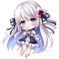 Rule 34 | 1girl, bare shoulders, black dress, blue eyes, blue hair, blush, breasts, chibi, closed mouth, commentary request, dress, frilled dress, frills, full body, grey hair, hand up, head tilt, long hair, looking at viewer, medium breasts, mitsuba choco, multicolored hair, original, shoes, simple background, smile, solo, striped clothes, striped dress, twitter username, two-tone hair, vertical-striped clothes, vertical-striped dress, very long hair, white background, white footwear, wrist cuffs