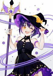 Rule 34 | 1girl, bare arms, bare shoulders, black dress, black hat, breasts, chuunibyou demo koi ga shitai!, collarbone, commentary request, dress, fang, frills, hat, holding, holding staff, looking at viewer, one eye closed, purple dress, purple hair, purple hat, short hair, silvee, simple background, small breasts, smile, solo, staff, star (symbol), star print, takanashi rikka, two-tone dress, white background, witch hat, yellow eyes