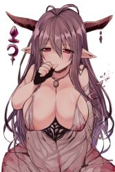 Rule 34 | 10s, 1girl, antenna hair, black gloves, blush, breasts, byakuya mika, cleavage, danua, draph, dress, female focus, fingerless gloves, gloves, granblue fantasy, hair between eyes, horn ornament, horns, jewelry, large breasts, long hair, pendant, pointy ears, purple hair, red eyes, simple background, solo, thumb sucking, white background, white dress