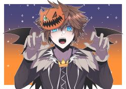 Rule 34 | 1boy, bat wings, black jacket, blue eyes, border, brown hair, claw pose, fangs, food-themed hair ornament, gloves, gongju s2, gradient background, green eyes, hair ornament, halloween, highres, jacket, kingdom hearts, kingdom hearts i, kingdom hearts ii, looking at viewer, open mouth, portrait, pumpkin hair ornament, solo, sora (kingdom hearts), spiked hair, the nightmare before christmas, white border, white gloves, wings