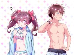 Rule 34 | 1boy, 1girl, ?, arm behind head, bikini, black male swimwear, black swim trunks, blue eyes, bow, brown hair, closed mouth, collarbone, delicious party precure, drawstring, frown, fuwa kokone, groin, hair between eyes, hair bow, halterneck, hand on own hip, highres, jacket, jacket on shoulders, kyoutsuugengo, long hair, male swimwear, navel, open mouth, pink bow, pink eyes, polka dot, polka dot background, polka dot bow, precure, shinada takumi, short hair, striped bikini, striped clothes, sweatdrop, swim trunks, swimsuit, twintails, white background